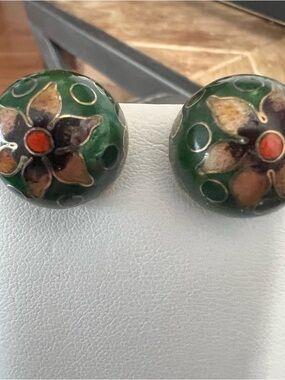Green Cloisonné Floral Button Earrings VINTAGE